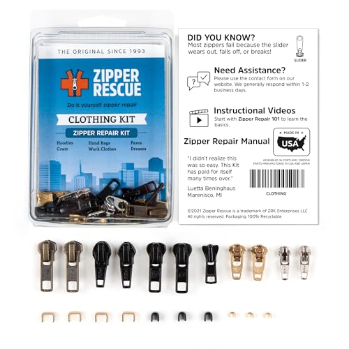 Zipper Rescue Clothing Zipper Repair Kit - The Original Zipper Pull Replacement kit for Hoodies, Pants, Handbags - Included 11 Metal Sliders, 4 End Stops, 6 Top Stops - Made in America Since 1993