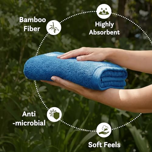 Image of MYTRIDENT Cotton Bamboo Towels for Bath Large Size | Soft & Absorbent | Anti-Microbial & Anti-Odour | 450 GSM | 1 Piece Bath Towel for Men /Women - Blue