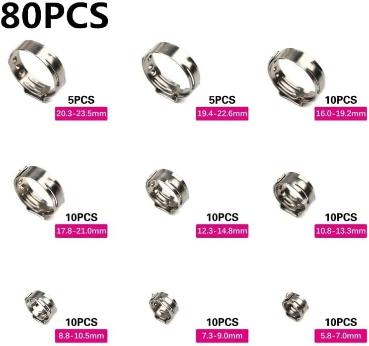 80pcs Stainless Steel Ear Stepless Clamp Worm Drive Fuel Water Hose Pipe Clamps Clips Cinch Clamp Rings Crimping Tool Kit