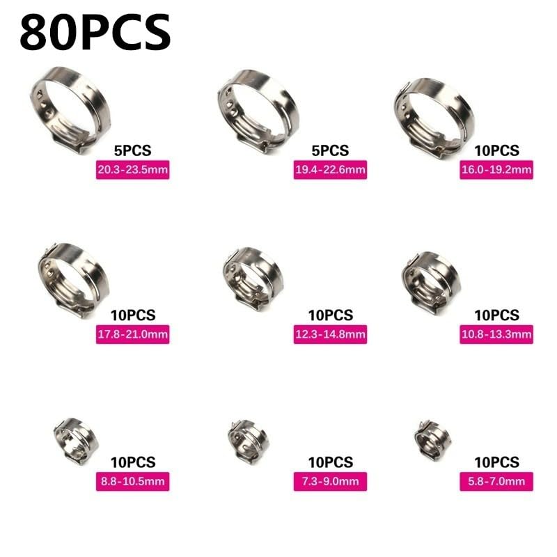 80pcs Stainless Steel Ear Stepless Clamps Worm Drive Fuel Water Hose Pipe Clamps Clips Cinch Clamps Rings Crimping Tool Kit
