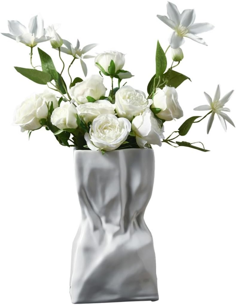 Beham Mei Pleated White Ceramic Vase Living Room TV Cabinet Flower Arrangement