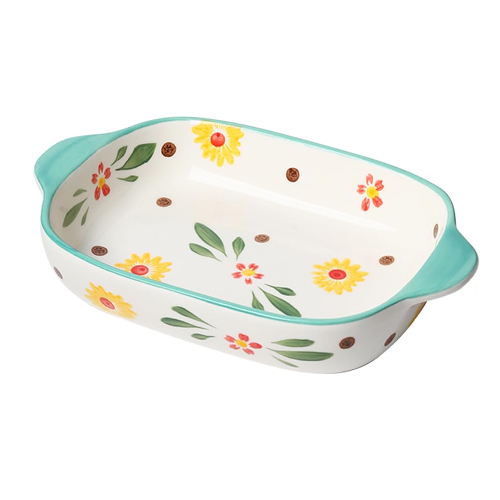 Dxcaicc Lasagne Dish Porcelain Thickened 0.4cm Thickened Bowl Wall Colorful Four-Season Flower Color Glaze Smooth Double-Ear Handle Stable to Hold Baking Tray,Blue