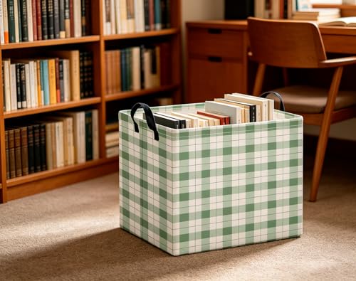 Image of CLOCOR Rectangular Storage Bin,Waterproof Books Box,Gift Basket(Green Grid)