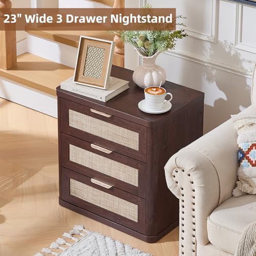 Image of LEYAOYAO Rattan Night Stand Set of 2 with Drawers, 23 inch Large 3 Drawer Boho Nightstand, Walnut Bedside Table Storage Cabinet, Bed Side End Tables Dresser for Bedroom, Living Room, Hallway, Closet