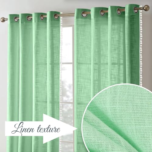 Image of THE LINEN COMPANY Cotton Sheer Grommet Curtains with Side Border Pompom Sheer Curtain for Long Door Linen Textured, Light Filtering, Pack of 2 (Ocean Green, 9 Feet)