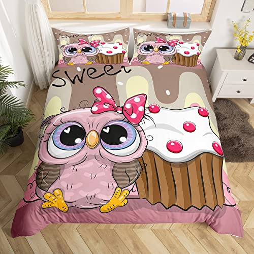 Homemissing Hibou Parure de Lit 200x200cm Filles Rose Hibou Cupcake Parure Housse de Couette pour Enfants Dessin Animé Doux Gâteaux Animal Oiseau Housse de...