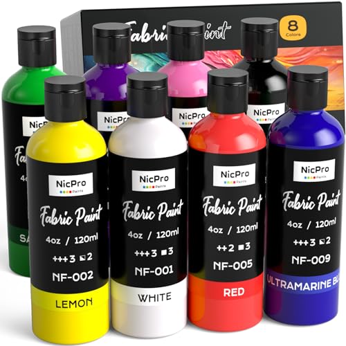 Nicpro 8 Colors Permanent Fabric Paint (4 oz, 120 ml) Soft Fabric Paint for Clothes, Non-Toxic Textile Paint for Fabric DIY Crafts, T-shirts, Shoes Jeans Bags...