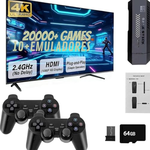Consola de Juegos Retro con 20000+ Juegos, 64GB, 2 Controles Inalámbricos, Compatible con 4K