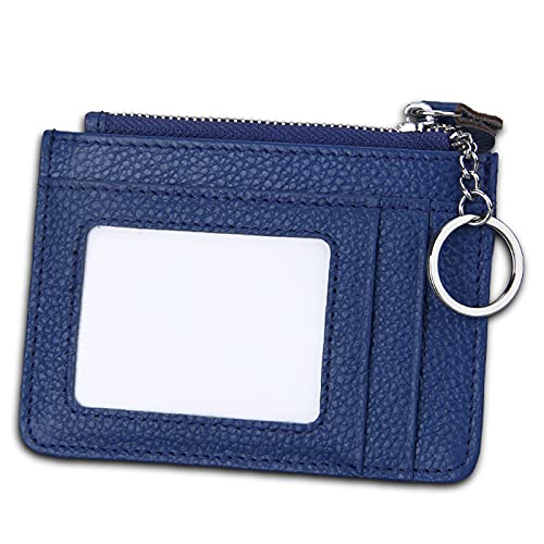 Genuine Leather RFID Small Wallet - Slim Credit Card Holders Cute Coin Change Purse Wallets for Men & Women with Zipper Pocket, Clear ID Window, Keychain