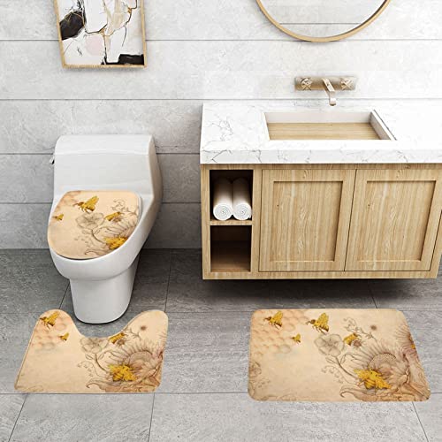 3-teiliges Badezimmerteppich-Set, ländliche Honigbienenen, Blumendruck, 3-teiliges Badezimmerteppich-Set, Badematte, Kontur, WC-Deckelbezug, Badezimmer-Anti-Rutsch-Pad – Bild 4