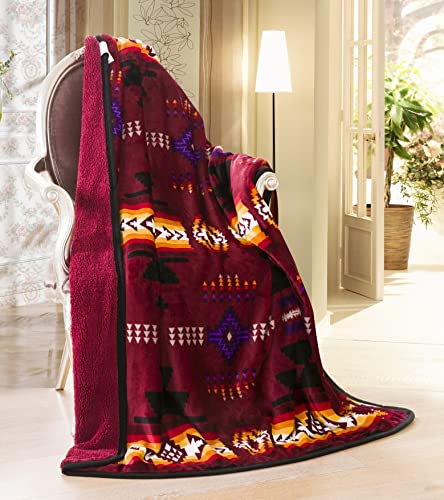 Nu Trendz Signature Southwest Design (Navajo Print) Sherpa Lined Throw 16112 Burgundy #TOP5