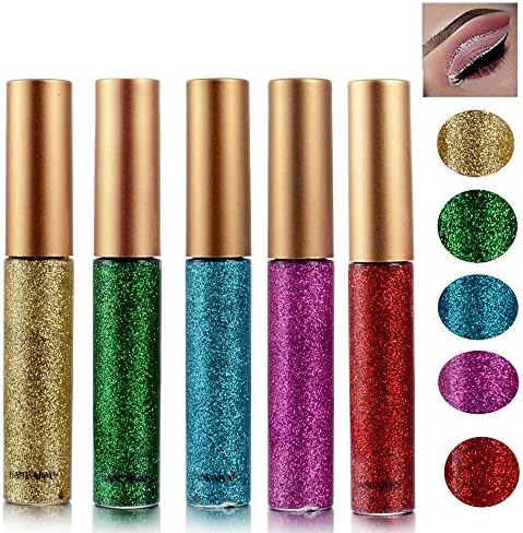 Glitter Liquid Eyeliner Metallic Eyeshadow 5 Color Metallic Glitter Sparkling Eyeliner Face Eye Cosmetic Glow Shimmer Makeup Glitter Eye Shadow Long Lasting Sparkling Eyeliner Eye Shadow (5 Color B)