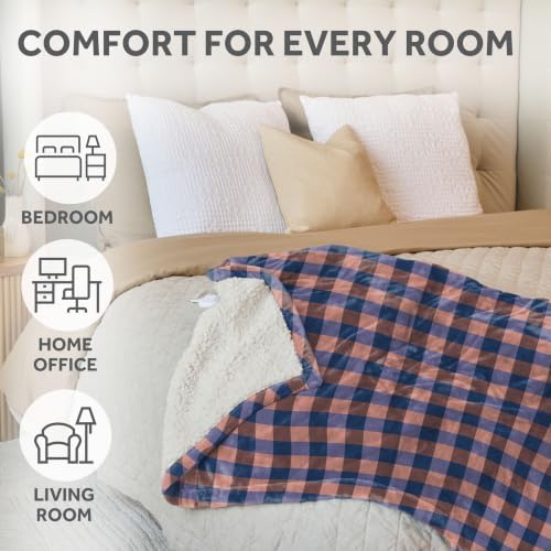 Image of Sunbeam Heated Throw Blanket Flannel Sherpa Reverse 4 Heat Pink Plaid 50x60