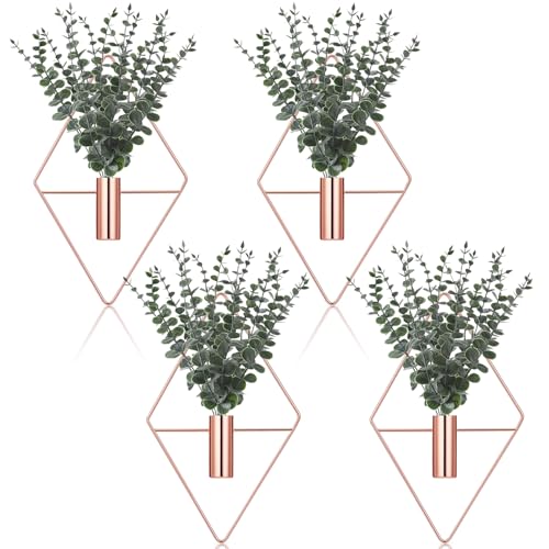 Image of Jexine Hanging Planters with Artificial Eucalyptus Metal Hanging Vase Indoor Plants Holder Modern Geometric Boho Bathroom Wall Decor for Living Room Home Office(Rose Gold,8 Pcs)