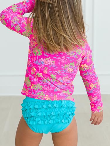 Image of RuffleButts Baby /Toddler Girls Long Sleeve Rash Guard 2 Piece Swimsuit Set w /UPF 50+ Sun Protection with Zipper