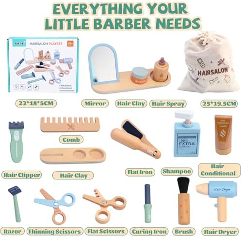 Wooden Makeup Toy Set -Hair Salon Toys - Kids Pretend Play -Beauty Salon Hair Kit - Functional Stylist Accessories with Hair Dryer Curling Iron - Christmas & Birthday Gift for Children