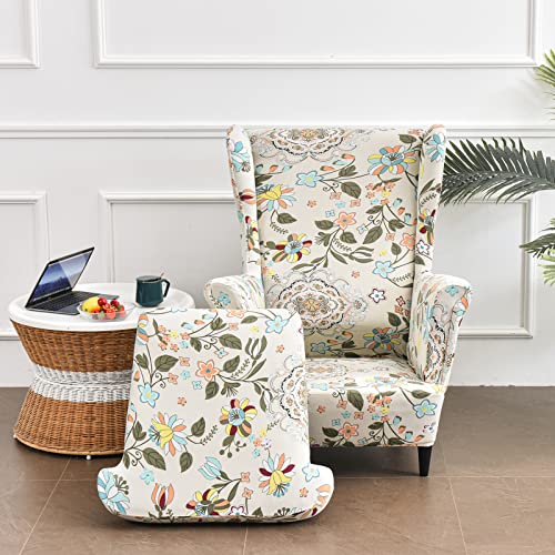 Jusmate Wing Chair Slipcovers 2 Pieces Printed Wingback Chair Covers Armchair Covers Stretch Spandex Sofa Slipcover With Elastic Bottom For Living Room Bedroom Dining Room (Farmhouse Style) #TOP1