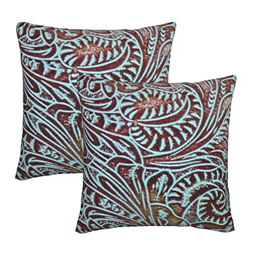 Best Color Throw Pillows for Brown Leather Couch to Elevate Style 5 Mahito Set of 2 Throw Pillow Cover Southwestern Aqua Brown Tooled Leather Pattern Case Soft Velvet Decorative Home Decor Living Room Cushion for Bed Couch Car 18x18 Inch, 18 x 18-Inch