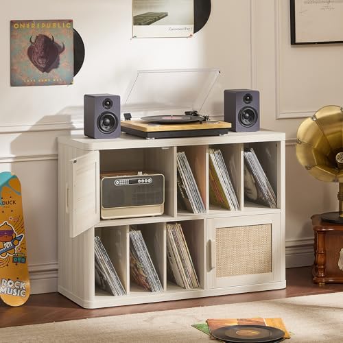 Image of LEYAOYAO Large Record Player Stand with Vinyl Storage Up to 450 Albums, Wood Rattan Boho Record Storage Accent Cabinet, Modern Stereo Media Cabinets, Turntable Stand for Living Room, White Cream Oak