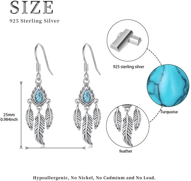 Feather Earrings for Women 925 Sterling Silver Turquoise/Moonstone/Black Crystal Dangle Drop Earrings Feather Jewelry Gifts for Wife Mom Daughter - Image 4