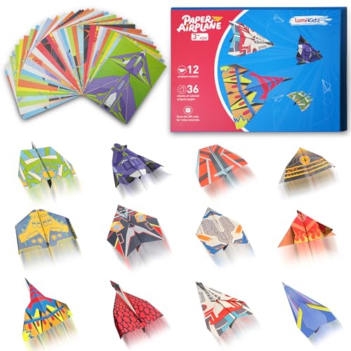 Lumikidz Paper Airplane Origami Kit for Kids Ages 8-12, 12 Paper Airplane Designs with 36 Colorful Origami Papers, Folding Airplane Activities for Kids, Creative Origami Kit Gift for Boys Girls