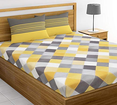 LORETO - A QUALITY LINEN BRAND 100% Cotton King Size Bedsheet with 2 Pillow Covers - Soft & Breathable 144 TC Fabric, Perfect for King Beds, Yellow & Grey Checkered