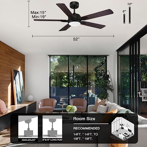 52" Smart Ceiling Fans With Lights Remote,Quiet Dc Motor,Outdoor Indoor Modern Farmhouse Lighting Ceiling Fan,Dimmable,6-Speed,Wifi Alexa,App Workable,Matte Black For Bedroom,Living Room,Patio,Porch #TOP5