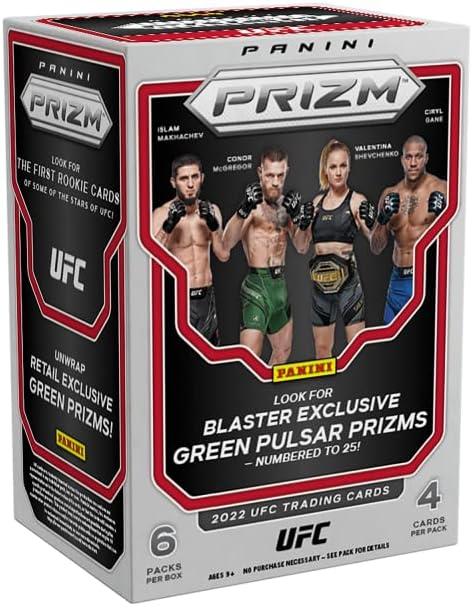2022 Panini Prizm UFC Value Box (6 Packs / 4 Cards Per Pack) - Look for One Silver Prizm and One Green Prizm Per Box on Average. Look for your favorite fighters - Rose Namajunas, Umar Nurmagomedov, Arman Tsarukyan, Israel Adesanya, Conor McGregor, Tom Aspinall, Khabib Nurmagomedov, Casey O'Neill, Islam Makhachev, Ilia Topuria, Shavkat Rakhmonov, Khamzat Chimaev, and Paddy Pimblett