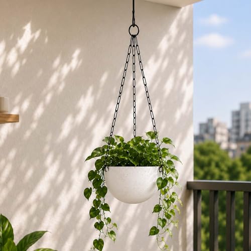 Image of Go Hooked Henri Hanging Planter Pot for Indoor & Outdoor Plants Pack of 5 | 7 Inch Plastic Hanging Pots with Metal Chain | Decorative Round Hanging Planter for Balcony, Garden & Home Decor (Marble)