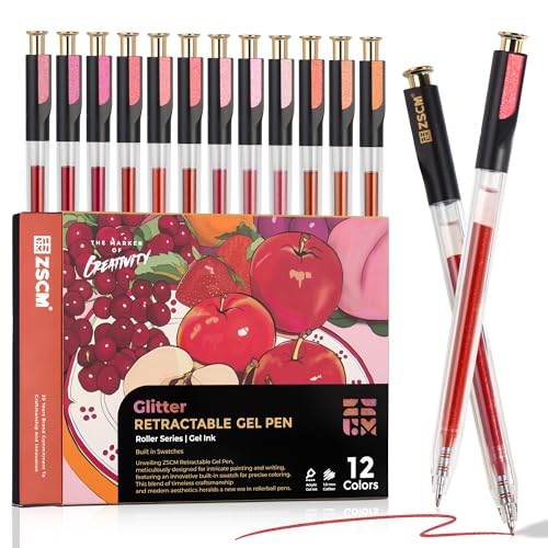 Red Pink Retractable Glitter Gel Pens, 12 PCS Large Capacity Metallic Pen