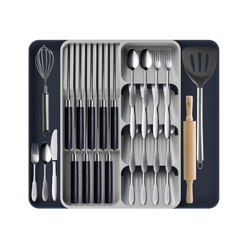 FUROKASO Expandable Kitchen Drawer Organiser Adjustable Utensil Tray with Knife Block Flatware Storage Divider