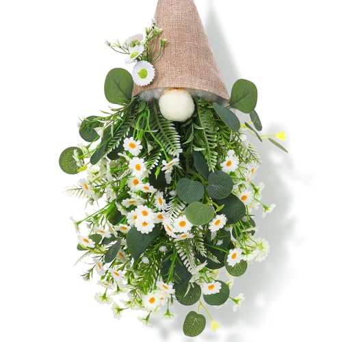 Ovveroche 23.6 x 9 in Daisy Gnome Hanging Decor Artificial Floral Burlap Gnome Swag for Spring Summer Door Window Wall and Porch Decoration