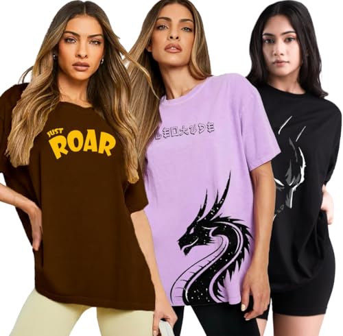 Image of LEOTUDE Oversized Cotton Blend Printed Women's T-Shirts Combo (Pack of 3)