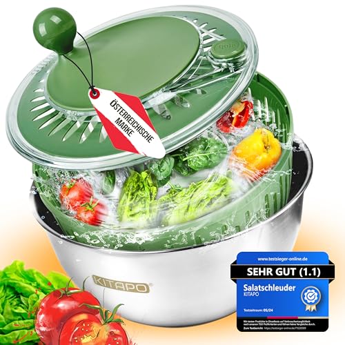 KITAPO Salatschleuder Edelstahl mit Kurbelantrieb [2 in 1 Servierschüssel] 4 5l [Wasserauslass Spülmaschinengeeignet rutschfest] Salad Spinner Obstsschleuder hochwertige Salatschleuder groß