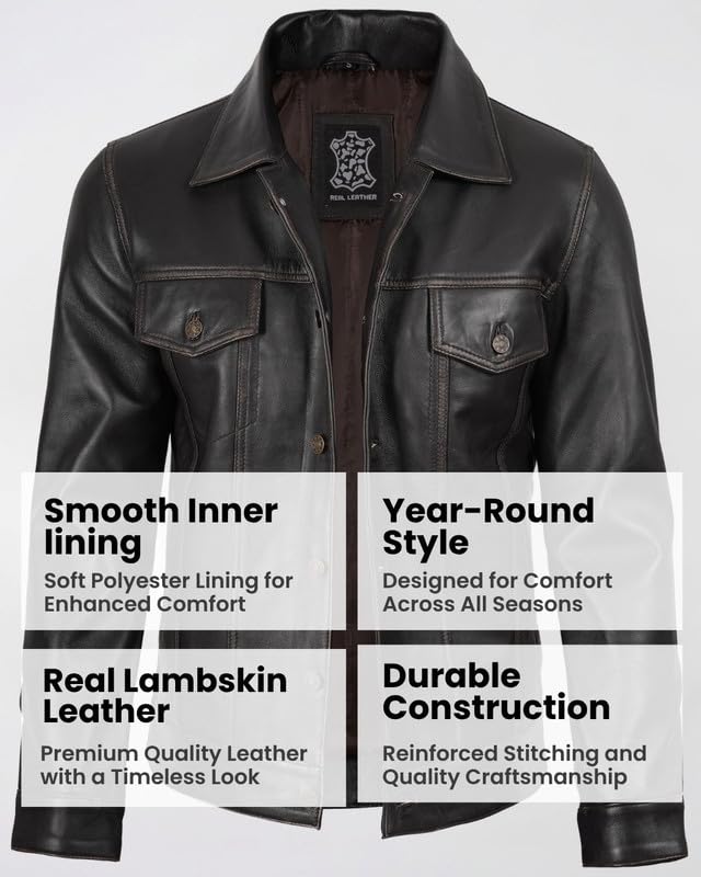 Image of Blingsoul Men's Leather Jacket - Real Full-Grain Lambskin Trucker Jacket for Men