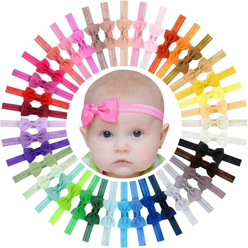 Image of WillingTee 40 Colors Baby Girls Headbands Tiny Bows 2.75" Grosgrain Ribbon Hair Bow Hair Band Hair Accessories for Baby Girls Infants Toddlers Kids Newborns