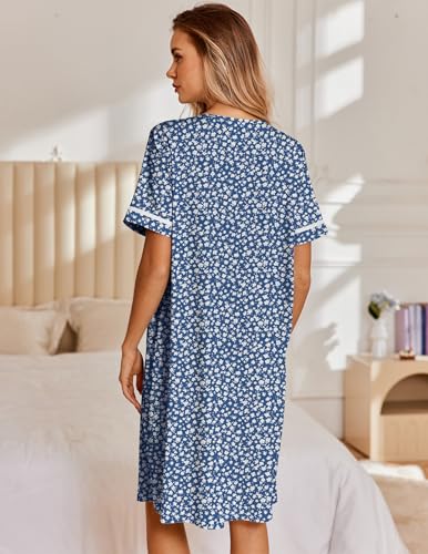 Image of Ekouaer Nightgowns for Women House Dress with Pockets Snap Front House Coat Short Sleeve Duster Moo Moos Sleepwear S-3XL