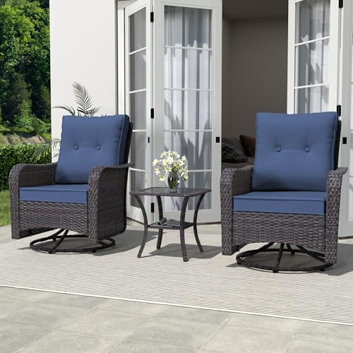 ALAULM Outdoor Swivel Rocking Chairs Set of 2 with 4”Thick Cushions and High Back, Wicker Patio Chairs w/Side Table for Patio, Porch, Poolside, Deck, Backyard, Garden-Dark Blue