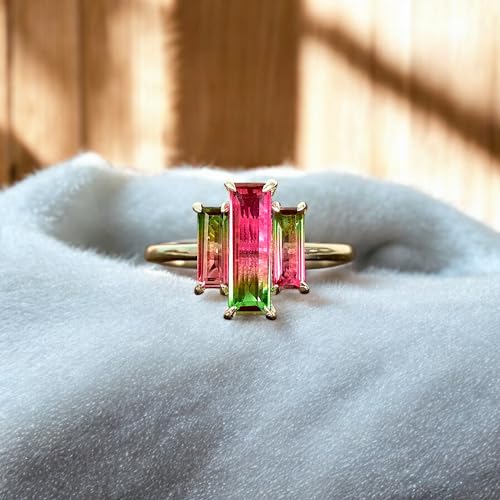 Watermelon Tourmaline Ring for Women - Natural Bicolor Tourmaline Baguette Cut Ring - 14K Gold Plated Statement Ring - Handmade Fine Jewelry - October Birthstone - Anniversary, Bridal, Gift for Her"2