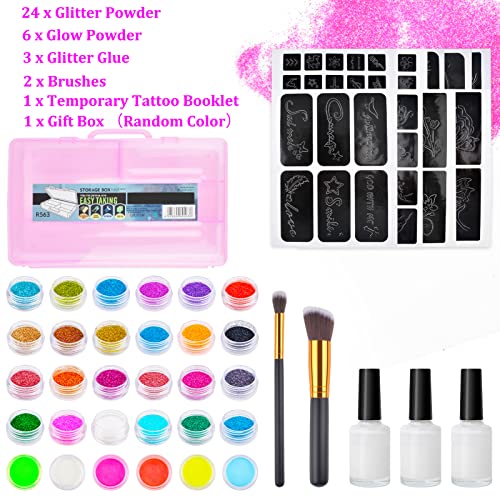 Uiiopjiom 30 Colors Glitter Tattoos Kit Temporary Body Glitter Face Paint With 118 Sheets Stencils 3 Glue 2 Brushes, Halloween/Christmas/Birthday Gifts For Girls Age 4 5 6 7 8 9 Year Old #TOP4
