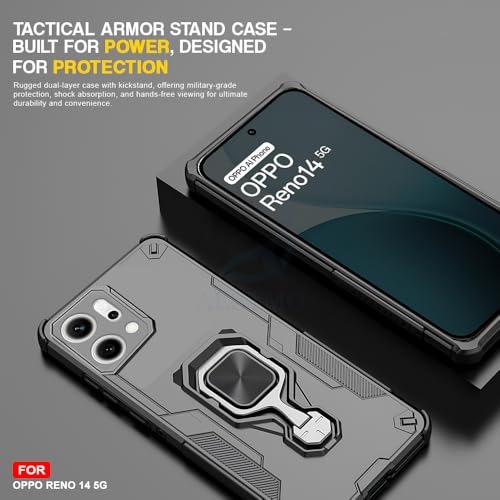 Image of AESTMO Armor Back Cover for Oppo Reno 14 5G | Ring Holder & Kickstand & Camera Protection in-Built | 360 Degree Protection Back Case Cover (Black)