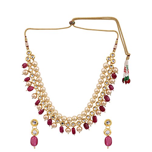 Efulgenz Indian Traditional 14 K Gold Plated Bollywood Faux Kundan Pearl Ruby Beaded Bridal Choker Necklace Earrings Wedding Jewelry Set