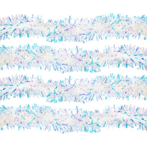 NEW-YIJUNSHUN Christmas Tinsel Garland Shiny Iridescent White Garland Twist Garland Christmas Snowflake Tinsel Garland for Christmas Party Indoor and Outdoor (8 metres)