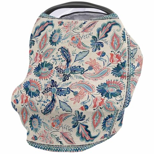 Nursing Cover for Breastfeeding Scarf, Blue Green Orange Flower Textured Vintage Baby Car Covers Super Soft Multi Use for Canopy Shopping Cart Cover Blanket Stroller Cover