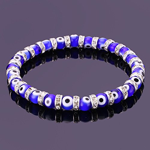 JEWELRIESHOP Turkish Evil Eye Bracelet Murano Glass Beads Beaded Clear Crystal Spacer Bracelet for Women (6-8mm, Blue Red Black White Mix Color Eye Beads)2