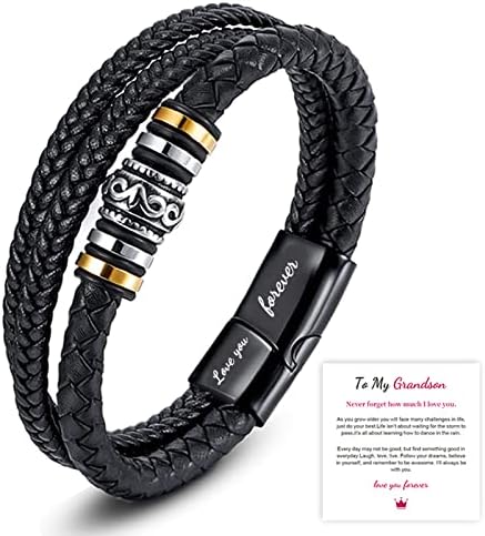 To My Grandson Braided Leather Bracelet‘I Will Always Be with You'Braided Leather Bracelet for Men,Handmade Braided Rope Wristband Bracelet Gift for Son (To My Grandson)