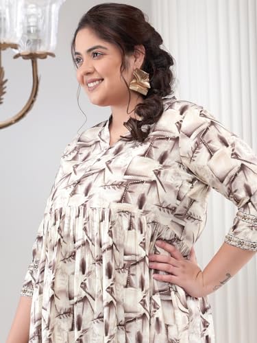 Image of Bani Women Printed Plus Size Co-ord Set, Fit & Flare Shirt and Trouser Set 2 Piece Outfit, 3 /4 Sleeves V Neck, Coord Sets for Womens, Western Dress Stylish Design for all Occasions