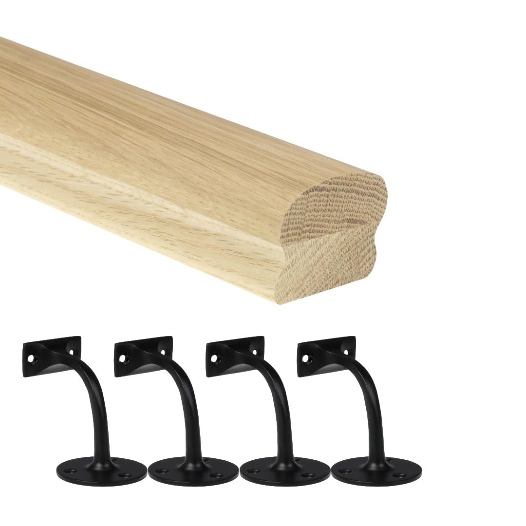 Jackson Woodturners Oak Cottage Loaf Handrail Kit 66x45mm Engineered Oak with Black Wall Brackets – Various Lengths 1800mm 2400mm 3600mm 4200mm (3600mm + 4 Wall Brackets)