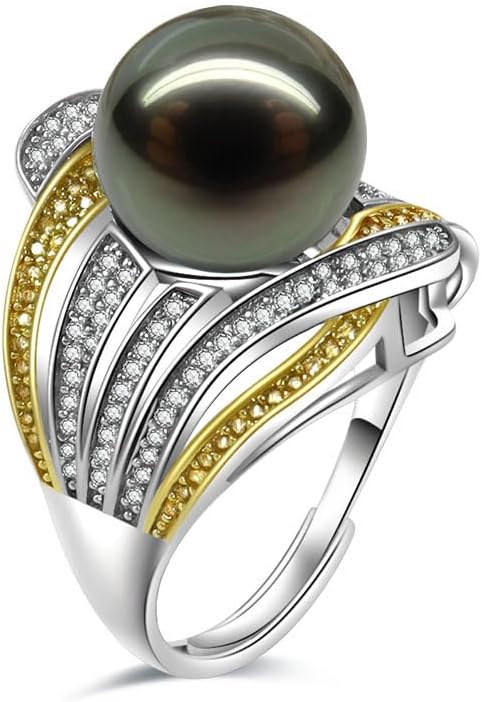 Gift for Wife Tahitian Black-Pearl-Rings-Gifts for Women- Wedding Birthday Anniversary-Mom Her Mothers Day Valentines Christmas-18K Gold Plated Sterling Silver Ring Fine Jewelry