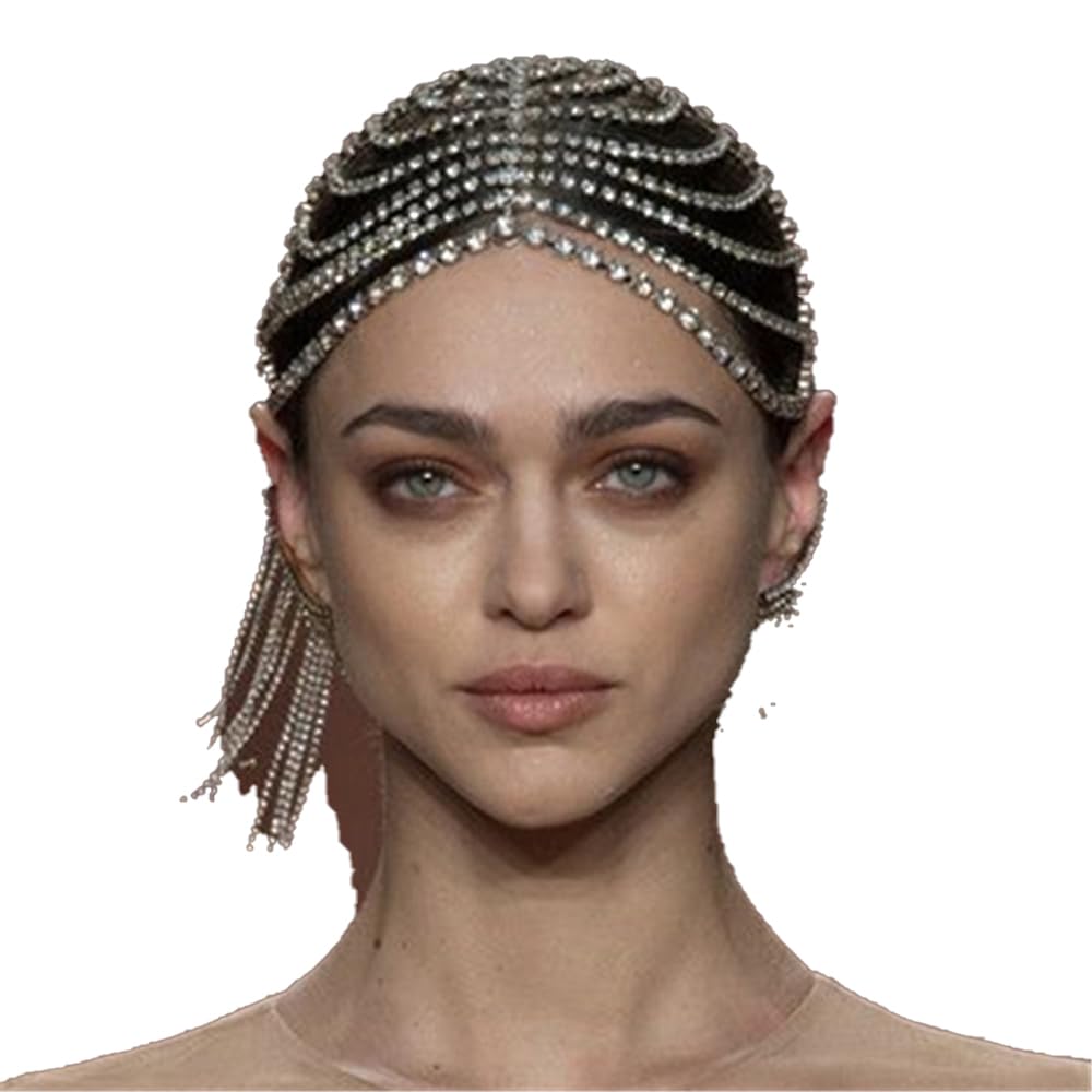 YERTTER Wedding Silver Rhinestone Round Cap Head Cap Layered Tennis Chain 20s Head Accessories Jewelry Crystal Headband Headpiece Boho Hair Accessories for Women Brides Prom Costume(Silver 2)
